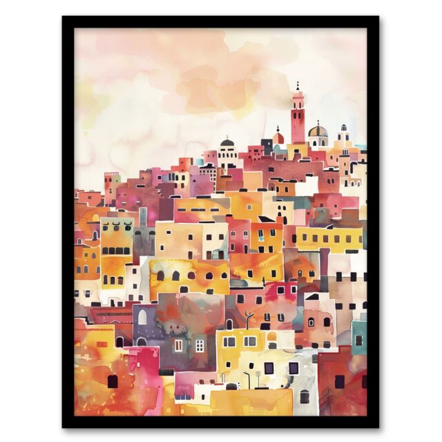 Artery8 Morocco Skyline Colourful Watercolour Cityscape Framed Wall Art in Orange - Size: A4 - image 1