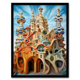 Artery8 Wall Art Print Antoni Gaudi Style Orange Pink Blue Architecture Artwork Art Framed in Black - Size: A4 - thumbnail 1