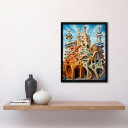 Artery8 Wall Art Print Antoni Gaudi Style Orange Pink Blue Architecture Artwork Art Framed in Black - Size: A4 - thumbnail 4