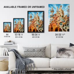 Artery8 Wall Art Print Antoni Gaudi Style Orange Pink Blue Architecture Artwork Art Framed in Black - Size: A4 - thumbnail 3
