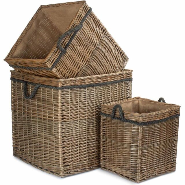 Red Hamper Set of 3 Antique Wash Square Storage Log Basket in Light Brown - image 1