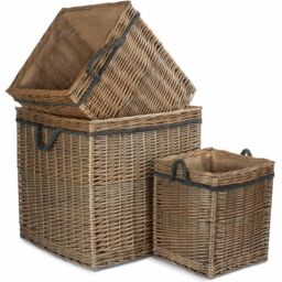 Red Hamper Set of 3 Antique Wash Square Storage Log Basket in Light Brown