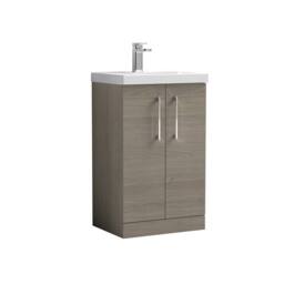 Balterley Contemporary Bathroom Floor Standing 2-Door Vanity Unit & Mid-Edge Ceramic Basin, Solace Oak, 500 mm in Brown - thumbnail 1