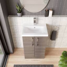 Balterley Contemporary Bathroom Floor Standing 2-Door Vanity Unit & Mid-Edge Ceramic Basin, Solace Oak, 500 mm in Brown - thumbnail 3
