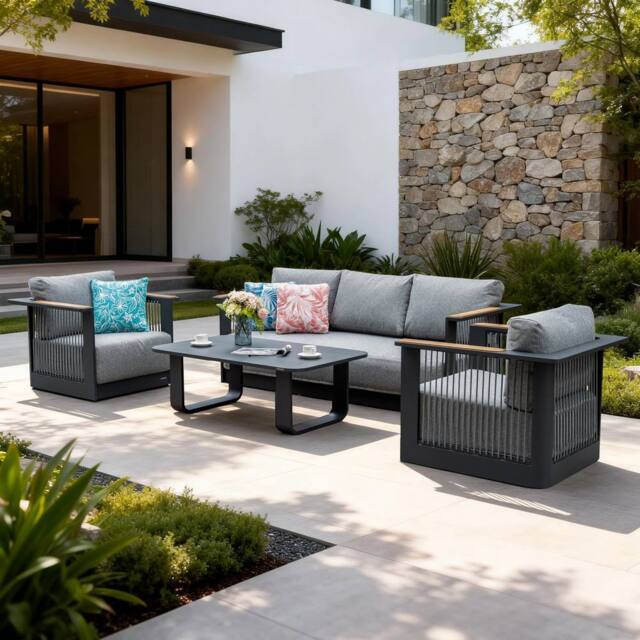 MIMO Garden Full Aluminum Rope Weave Sofa Set with Coffee Table in Grey - Size: 1 Pack - image 1