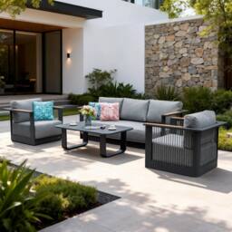 MIMO Garden Full Aluminum Rope Weave Sofa Set with Coffee Table in Grey - Size: 1 Pack - thumbnail 1