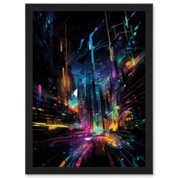Artery8 New York City at Night Modern Abstract Neon Contrast Painting Artwork Framed Wall Art Print A4 in Black - thumbnail 1