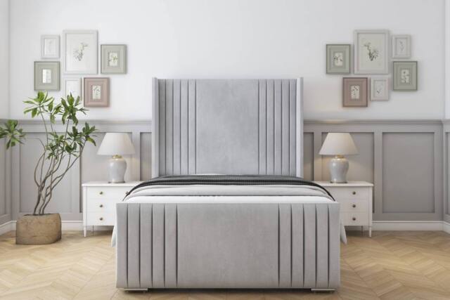 "Sloomy Camden Naples Bed Frame With 50"" Upholstered Wingback Headboard in Silver - Size: Small Single" - image 1