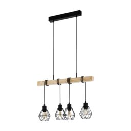 Eglo Townshend 5 Black/Natural Metal & Wood 4-Light Geometric Pendant - Industrial Style (L) 70cm in Black - thumbnail 3