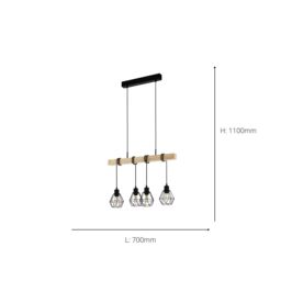 Eglo Townshend 5 Black/Natural Metal & Wood 4-Light Geometric Pendant - Industrial Style (L) 70cm in Black - thumbnail 5