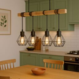 Eglo Townshend 5 Black/Natural Metal & Wood 4-Light Geometric Pendant - Industrial Style (L) 70cm in Black - thumbnail 1