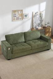 Living and Home 2-Seater Chenille Upholstered Sofa with Charging Ports in Green - thumbnail 1
