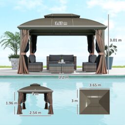 OUTSUNNY 3.65 x 3(m) Aluminium Outdoor Gazebo w/ Hardtop Double Roof, Coffee in Brown - thumbnail 3