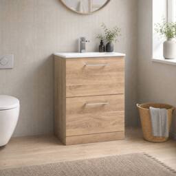 Balterley Bathroom 2 Soft Close Drawer, Floor Vanity Unit, Bleached Oak, 600mm in Brown - thumbnail 4