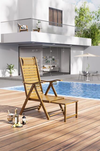 H&O Direct Foldable Bamboo Recliner Lounge Chair with Retractable Footrest in Natural - image 1