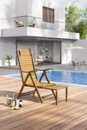 H&O Direct Foldable Bamboo Recliner Lounge Chair with Retractable Footrest in Natural