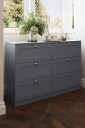 FWStyle Artus Panelled 6 Drawer Chest (H) 77 (W) 110 (D) 40cm Extra Deep Drawers in Grey - thumbnail 1