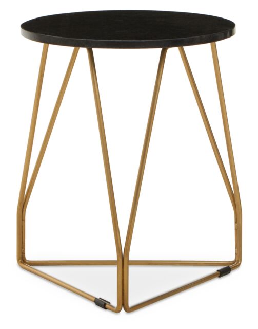Orsina Side Table With Sledge Base, Black Marble Top Round Side Table, Gold Finish Metal Frame With Geometric Design - image 1