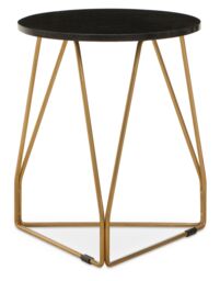 Orsina Side Table With Sledge Base, Black Marble Top Round Side Table, Gold Finish Metal Frame With Geometric Design