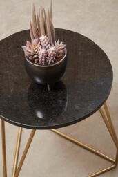 Orsina Side Table With Sledge Base, Black Marble Top Round Side Table, Gold Finish Metal Frame With Geometric Design - thumbnail 4