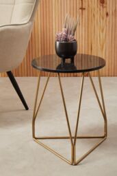 Orsina Side Table With Sledge Base, Black Marble Top Round Side Table, Gold Finish Metal Frame With Geometric Design - thumbnail 2