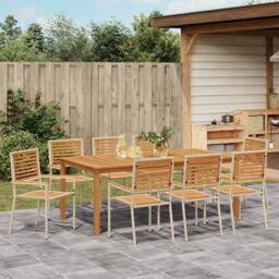 Berkfield Home 9 Piece Garden Dining Set Beige Poly Rattan Acacia - thumbnail 4