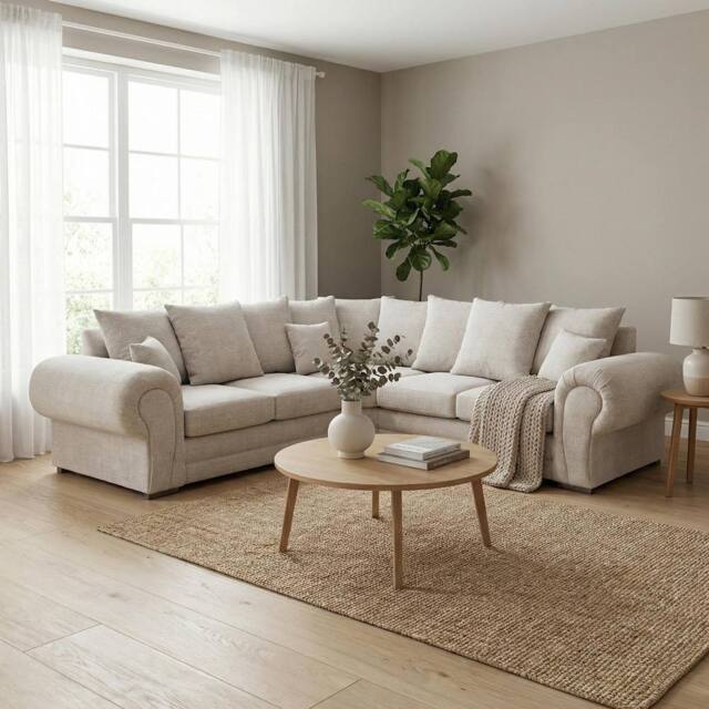 Abakus Direct Verona Chenille Corner Sofa with Deep Seats & Angular Arms in Cream - image 1