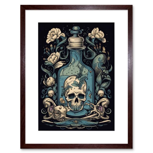 "Artery8 Wall Art Print Skull Glass Jar & Flowers Tattoo Ink Body Art Rockabilly Americana 50s Artwork Framed 9X7 Inch in Brown - Size: W7"" x H9""" - image 1