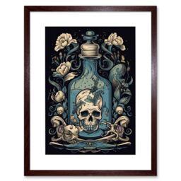 "Artery8 Wall Art Print Skull Glass Jar & Flowers Tattoo Ink Body Art Rockabilly Americana 50s Artwork Framed 9X7 Inch in Brown - Size: W7"" x H9""" - thumbnail 1