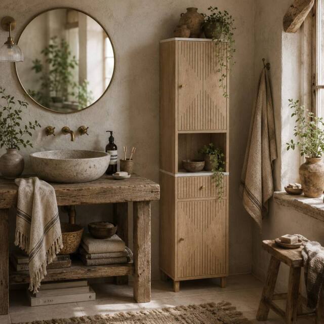 Wyld Haus Fasu Slim Tall Bathroom Cabinet with Soft Close Drawer Oak Effect in Light Oak - image 1