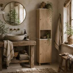 Wyld Haus Fasu Slim Tall Bathroom Cabinet with Soft Close Drawer Oak Effect in Light Oak - thumbnail 1