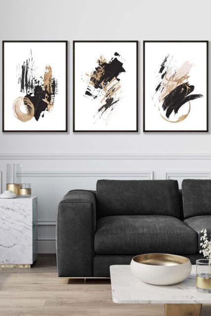 ARTZE Set of 3 Black Framed Abstract Black Ivory & Gold Oil Strokes Wall Art - Size: W45 cm x H62 cm x D20mm - image 1
