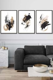 ARTZE Set of 3 Black Framed Abstract Black Ivory & Gold Oil Strokes Wall Art - Size: W45 cm x H62 cm x D20mm