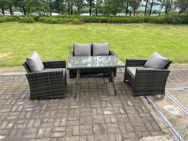 Fimous 4 Seater Outdoor Dark Grey Mixed High Back Rattan Sofa Dining Table Set Garden Furniture Patio