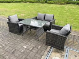 Fimous 4 Seater Outdoor Dark Grey Mixed High Back Rattan Sofa Dining Table Set Garden Furniture Patio - thumbnail 2