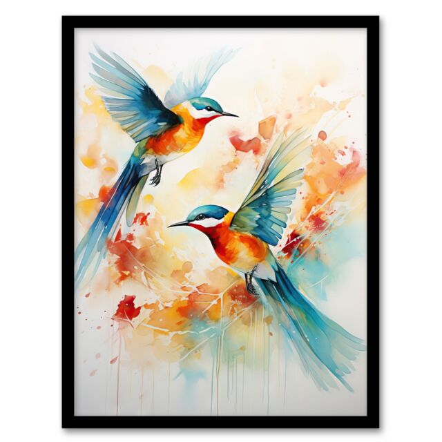 "Artery8 Aerial Ballet Watercolour Artwork Bright Bold Birds In Flight Art Print Framed Poster Wall Decor in Black - Size: W12"" x H16""" - image 1