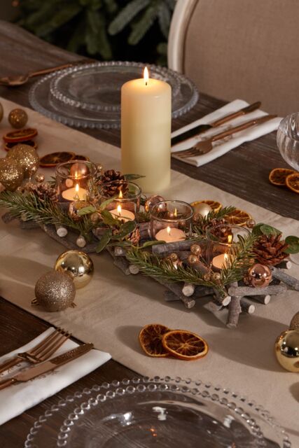 Dibor Rose Gold Sparkle Four Tealight Table Decoration Centrepiece Christmas Décor Candle Holders 40cm - image 1