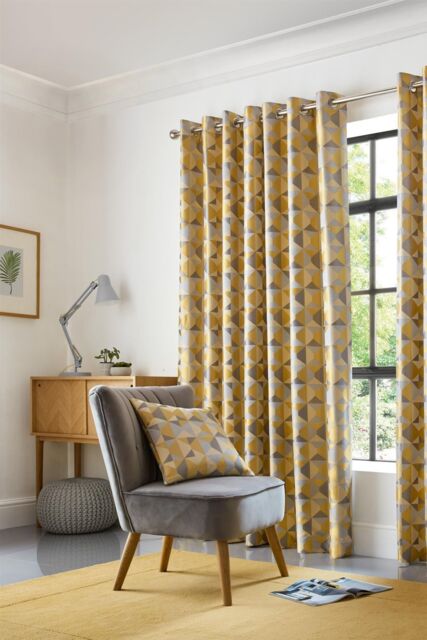 Alan Symonds Skandi Geometric Jacquard Fully Lined Eyelet Curtains in Yellow - Size: 229 cm width x 183 cm drop - image 1