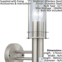 Loops IP44 Outdoor Wall Light & PIR Sensor Stainless Steel Lantern 1x 60W E27 Bulb in Metallics - thumbnail 2