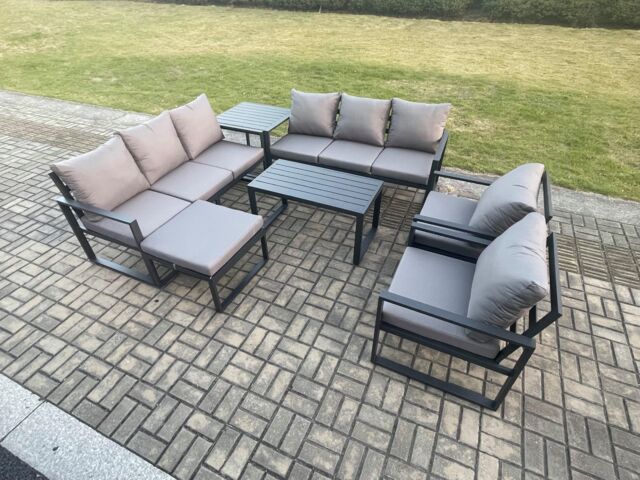 Fimous Aluminium Outdoor Garden Furniture Set 9 Seater Garden Sofa with Oblong Coffee Table Big Footstool Side Table Dark Grey - image 1