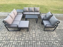 Fimous Aluminium Outdoor Garden Furniture Set 9 Seater Garden Sofa with Oblong Coffee Table Big Footstool Side Table Dark Grey - thumbnail 2