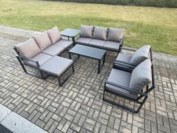 Fimous Aluminium Outdoor Garden Furniture Set 9 Seater Garden Sofa with Oblong Coffee Table Big Footstool Side Table Dark Grey - thumbnail 1