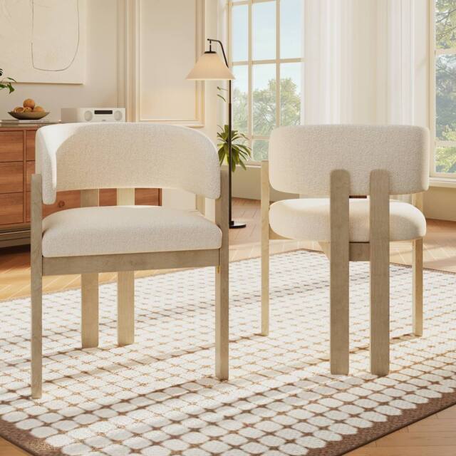 Merax Set of 2 Bouclé Dining Chairs with Solid Wood Legs in Natural White - image 1