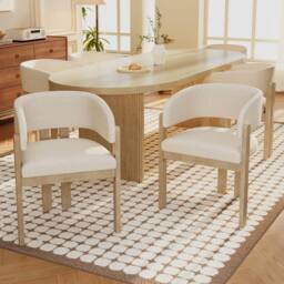 Merax Set of 2 Bouclé Dining Chairs with Solid Wood Legs in Natural White - thumbnail 4