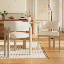 Merax Set of 2 Bouclé Dining Chairs with Solid Wood Legs in Natural White - thumbnail 2