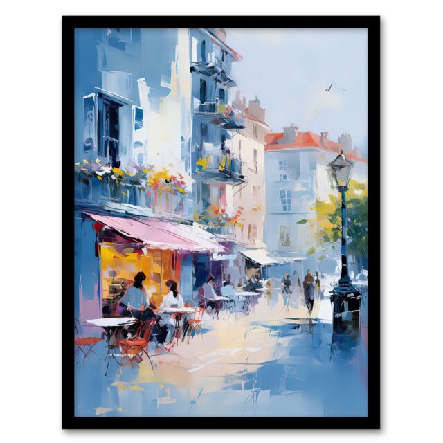 Artery8 Wall Art Print Cafe Street in Paris Abstract Oil Painting Elegant Artwork Framed Art in Blue - Size: A4 - image 1