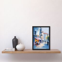 Artery8 Wall Art Print Cafe Street in Paris Abstract Oil Painting Elegant Artwork Framed Art in Blue - Size: A4 - thumbnail 4