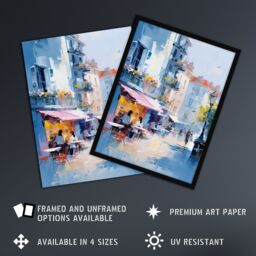 Artery8 Wall Art Print Cafe Street in Paris Abstract Oil Painting Elegant Artwork Framed Art in Blue - Size: A4 - thumbnail 2