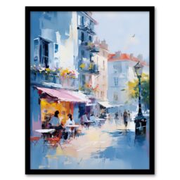 Artery8 Wall Art Print Cafe Street in Paris Abstract Oil Painting Elegant Artwork Framed Art in Blue - Size: A4 - thumbnail 1