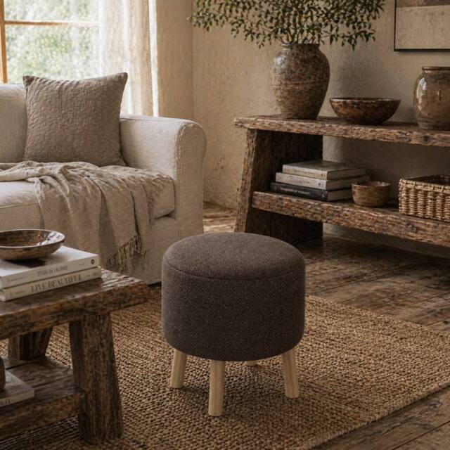 Wyld Haus Roli Linen Look Dark Brown Round Storage Ottoman - image 1